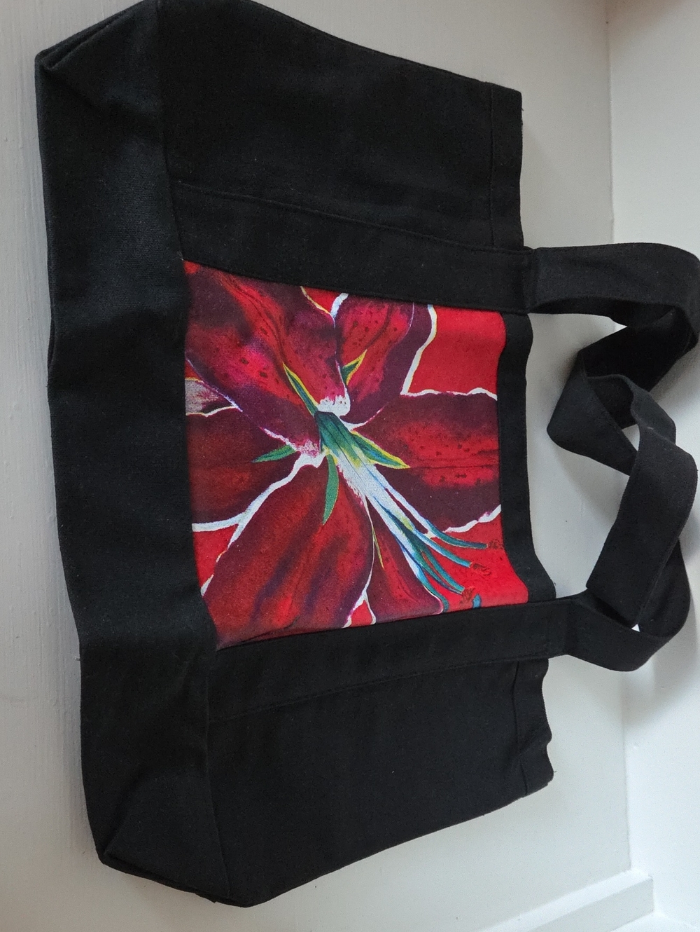 Black Canvas Tote with Red Floral Panel